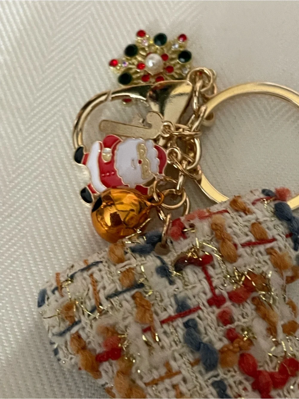 Tweed Christmas Stocking Keychain with Festive Charms nwt